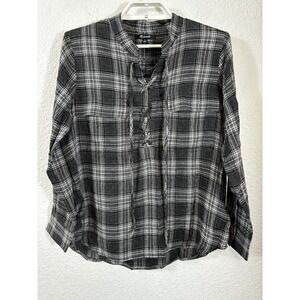 Madewell Plaid‎ Shirt Womens Small Black Gray Wool Blend Long Sleeve Lace Up Top